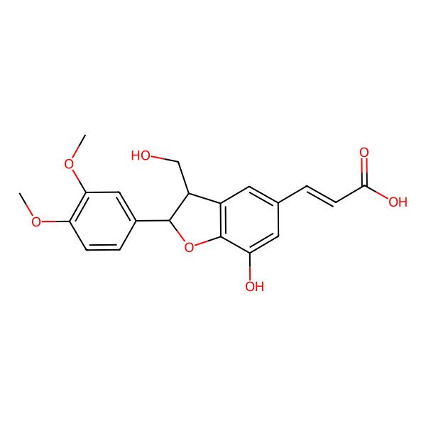 2D Structure of (E)-3-[(2R,3S)-2-(3,4-dimethoxyphenyl)-7-hydroxy-3-(hydroxymethyl)-2,3-dihydro-1-benzofuran-5-yl]prop-2-enoic acid
