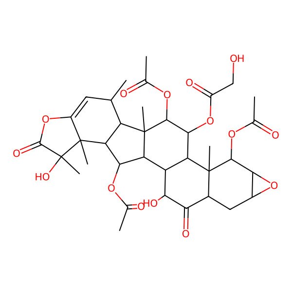 2D Structure of (10,14,25-Triacetyloxy-3,22-dihydroxy-11,15,17,22,23-pentamethyl-4,21-dioxo-8,20-dioxaheptacyclo[13.10.0.02,12.05,11.07,9.016,24.019,23]pentacos-18-en-13-yl) 2-hydroxyacetate
