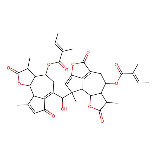 2D Structure of (E)-2-Methyl-2-butenoic acid (3R)-6,7-(carbonyloxy)-9beta-[(S)-[(3R)-2,7-dioxo-3alpha,9-dimethyl-4alpha-(tigloyloxy)-2,3,3abeta,4,5,7,9abeta,9balpha-octahydroazuleno[4,5-b]furan-6-yl]hydroxymethyl]-2-oxo-3alpha,9-dimethyl-2,3,3abeta,4,5,9,9abeta,9balpha-octahydroazuleno[4,5-b]furan-4alpha-yl ester
