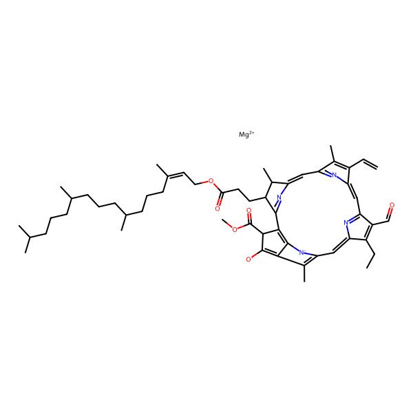 2D Structure of magnesium;16-ethenyl-11-ethyl-12-formyl-3-methoxycarbonyl-17,21,26-trimethyl-22-[3-oxo-3-[(Z)-3,7,11,15-tetramethylhexadec-2-enoxy]propyl]-23,24,25-triaza-7-azanidahexacyclo[18.2.1.15,8.110,13.115,18.02,6]hexacosa-1(23),2(6),4,8(26),9,11,13(25),14,16,18(24),19-undecaen-4-olate