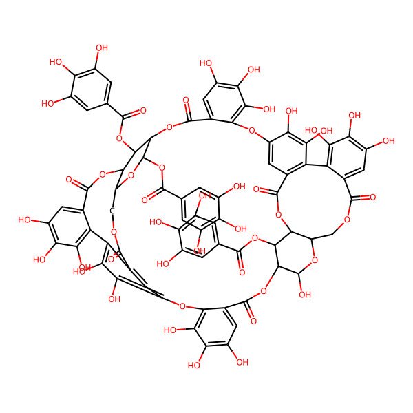 2D Structure of [(11R,12S,14R,15R,37R,38R,40R,57R,58S,64S)-4,5,6,20,21,22,25,26,30,31,32,38,46,47,48,51,52-heptadecahydroxy-9,17,35,43,55,61-hexaoxo-12,64-bis[(3,4,5-trihydroxybenzoyl)oxy]-2,10,13,16,28,36,39,42,56,62-decaoxaundecacyclo[35.15.6.514,27.111,15.03,8.018,23.029,34.040,57.044,49.050,54.024,60]tetrahexaconta-1(52),3,5,7,18,20,22,24,26,29,31,33,44,46,48,50,53,59-octadecaen-58-yl] 3,4,5-trihydroxybenzoate