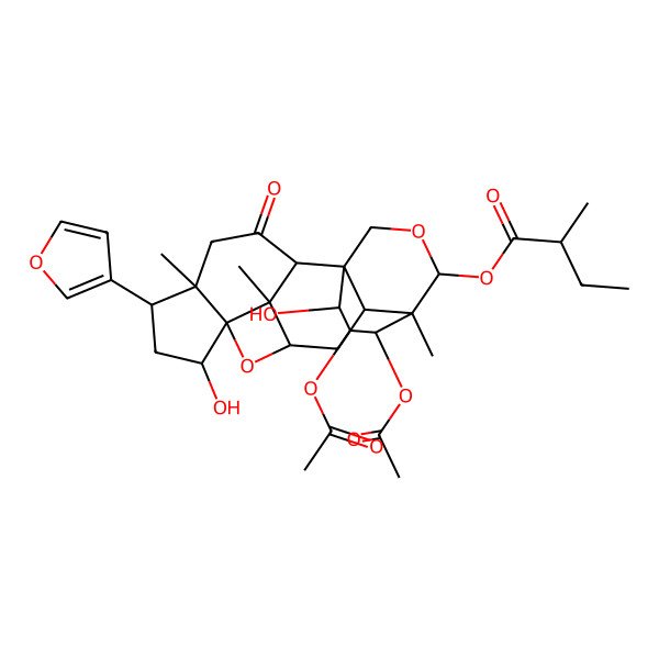 2D Structure of [(1S,2R,5S,6S,8R,9S,10S,11R,13R,14R,15S,18R,19R,20S)-19,20-diacetyloxy-6-(furan-3-yl)-8,18-dihydroxy-5,10,14-trimethyl-3-oxo-16,21-dioxahexacyclo[12.3.3.19,11.01,13.02,10.05,9]henicosan-15-yl] 2-methylbutanoate
