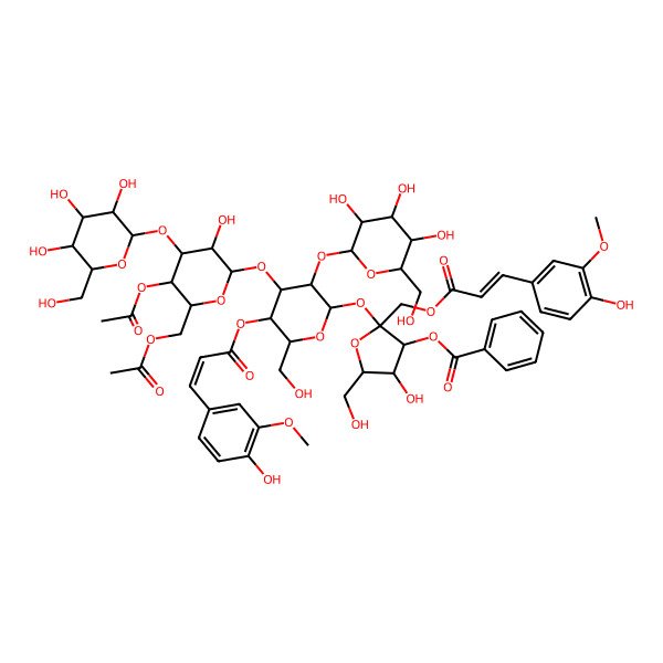 2D Structure of [(2S,3S,4R,5R)-2-[(2R,3R,4S,5R,6R)-4-[(2S,3R,4R,5R,6R)-5-acetyloxy-6-(acetyloxymethyl)-3-hydroxy-4-[(2S,3R,4S,5S,6R)-3,4,5-trihydroxy-6-(hydroxymethyl)oxan-2-yl]oxyoxan-2-yl]oxy-5-[(E)-3-(4-hydroxy-3-methoxyphenyl)prop-2-enoyl]oxy-6-(hydroxymethyl)-3-[(2S,3R,4S,5S,6R)-3,4,5-trihydroxy-6-(hydroxymethyl)oxan-2-yl]oxyoxan-2-yl]oxy-4-hydroxy-2-[[(E)-3-(4-hydroxy-3-methoxyphenyl)prop-2-enoyl]oxymethyl]-5-(hydroxymethyl)oxolan-3-yl] benzoate