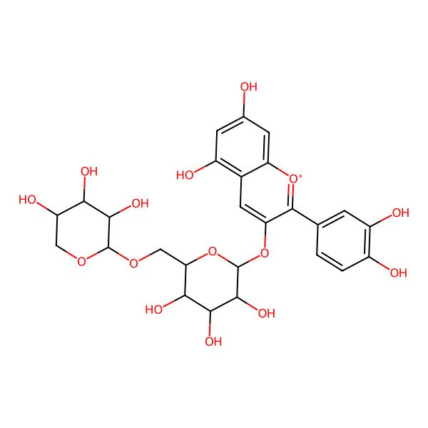 2D Structure of (2S,3R,4S,5S,6R)-2-[2-(3,4-dihydroxyphenyl)-5,7-dihydroxychromenylium-3-yl]oxy-6-[[(2S,3R,4S,5R)-3,4,5-trihydroxyoxan-2-yl]oxymethyl]oxane-3,4,5-triol