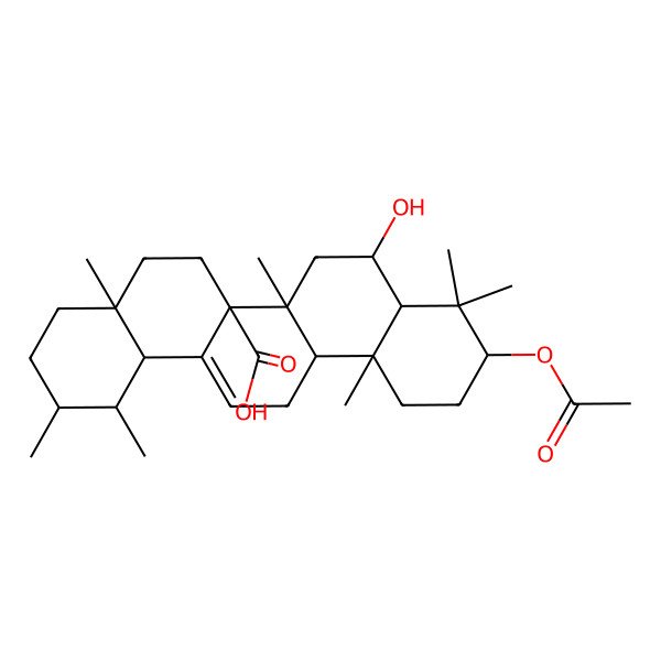 2D Structure of (1S,2R,4aR,6aR,6aR,6bR,8R,8aR,10S,12aR,14bR)-10-acetyloxy-8-hydroxy-1,2,4a,6b,9,9,12a-heptamethyl-2,3,4,5,6,6a,7,8,8a,10,11,12,13,14b-tetradecahydro-1H-picene-6a-carboxylic acid