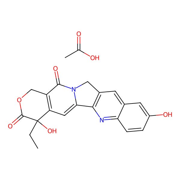 2D Structure of Acetic acid;19-ethyl-7,19-dihydroxy-17-oxa-3,13-diazapentacyclo[11.8.0.02,11.04,9.015,20]henicosa-1(21),2(11),3,5,7,9,15(20)-heptaene-14,18-dione