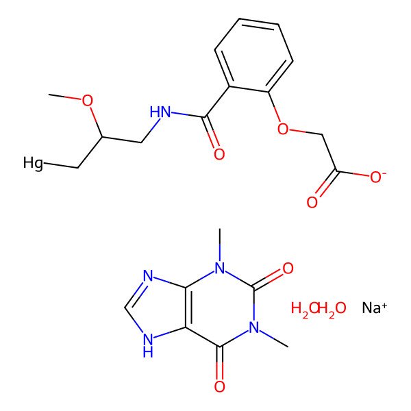 2D Structure of sodium;[3-[[2-(carboxylatomethoxy)benzoyl]amino]-2-methoxypropyl]mercury;1,3-dimethyl-7H-purine-2,6-dione;dihydrate