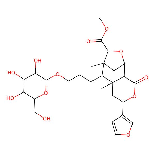 2D Structure of methyl (1S,2S,5S,7S,8S,9R,10S)-5-(furan-3-yl)-7,9-dimethyl-3-oxo-8-[3-[(2R,3R,4S,5S,6R)-3,4,5-trihydroxy-6-(hydroxymethyl)oxan-2-yl]oxypropyl]-4,11-dioxatricyclo[7.2.1.02,7]dodecane-10-carboxylate