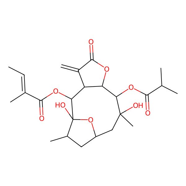 2D Structure of [(1S,2S,3R,7R,8S,9R,11R,13S)-1,9-dihydroxy-9,13-dimethyl-4-methylidene-8-(2-methylpropanoyloxy)-5-oxo-6,14-dioxatricyclo[9.2.1.03,7]tetradecan-2-yl] 2-methylbut-2-enoate