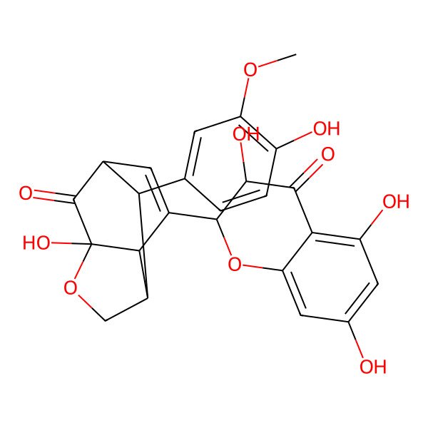 2D Structure of (1R,3R,6R,7R,10S)-3-hydroxy-10-(4-hydroxy-3-methoxyphenyl)-8-[(2R,3R)-3,5,7-trihydroxy-4-oxo-2,3-dihydrochromen-2-yl]-4-oxatricyclo[4.3.1.03,7]dec-8-en-2-one