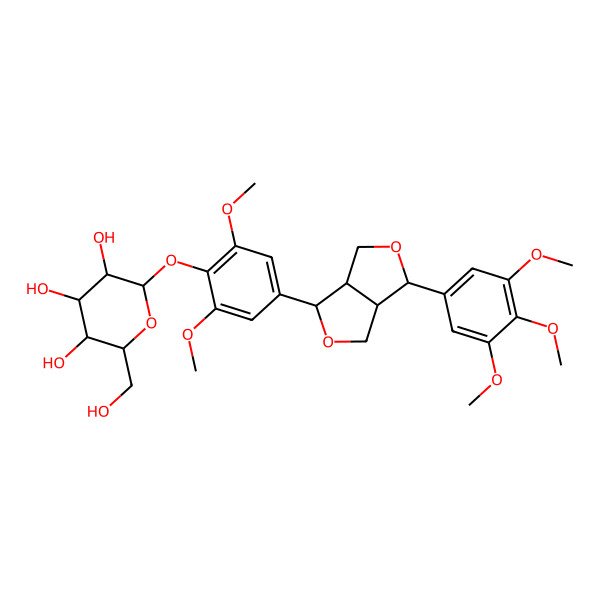 2D Structure of (2S,3R,4S,5S,6R)-2-[2,6-dimethoxy-4-[3-(3,4,5-trimethoxyphenyl)-1,3,3a,4,6,6a-hexahydrofuro[3,4-c]furan-6-yl]phenoxy]-6-(hydroxymethyl)oxane-3,4,5-triol
