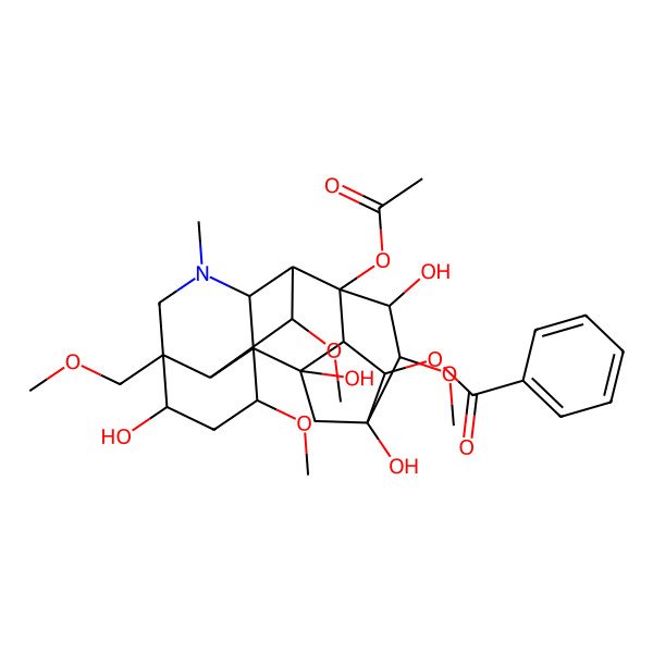 2D Structure of [(1R,2S,3S,4R,5R,6S,7S,8S,13R,14R,16S,17R,18R)-8-acetyloxy-2,5,7,14-tetrahydroxy-6,16,18-trimethoxy-13-(methoxymethyl)-11-methyl-11-azahexacyclo[7.7.2.12,5.01,10.03,8.013,17]nonadecan-4-yl] benzoate