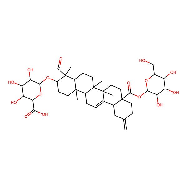 2D Structure of (2S,3S,4S,5R,6R)-6-[[(3S,4S,4aR,6aR,6bS,8aS,12aS,14aR,14bR)-4-formyl-4,6a,6b,14b-tetramethyl-11-methylidene-8a-[(2S,3R,4S,5S,6R)-3,4,5-trihydroxy-6-(hydroxymethyl)oxan-2-yl]oxycarbonyl-1,2,3,4a,5,6,7,8,9,10,12,12a,14,14a-tetradecahydropicen-3-yl]oxy]-3,4,5-trihydroxyoxane-2-carboxylic acid