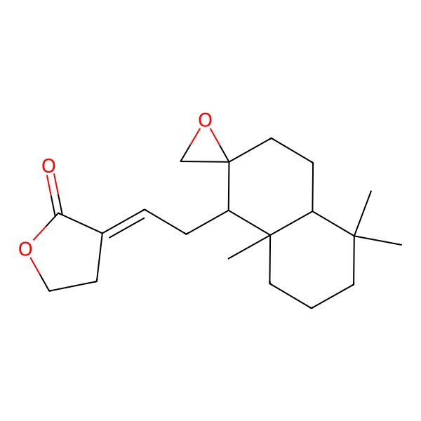 2D Structure of (3Z)-3-(2-{5,5,8a-trimethyl-octahydro-1H-spiro[naphthalene-2,2'-oxirane]-1-yl}ethylidene)oxolan-2-one
