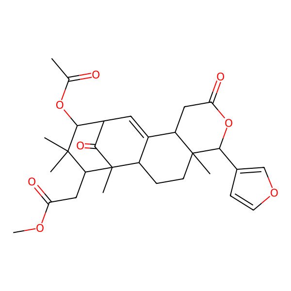 2D Structure of methyl 2-[(1R,2S,5R,6R,10S,13S,14R,16S)-14-acetyloxy-6-(furan-3-yl)-1,5,15,15-tetramethyl-8,17-dioxo-7-oxatetracyclo[11.3.1.02,11.05,10]heptadec-11-en-16-yl]acetate