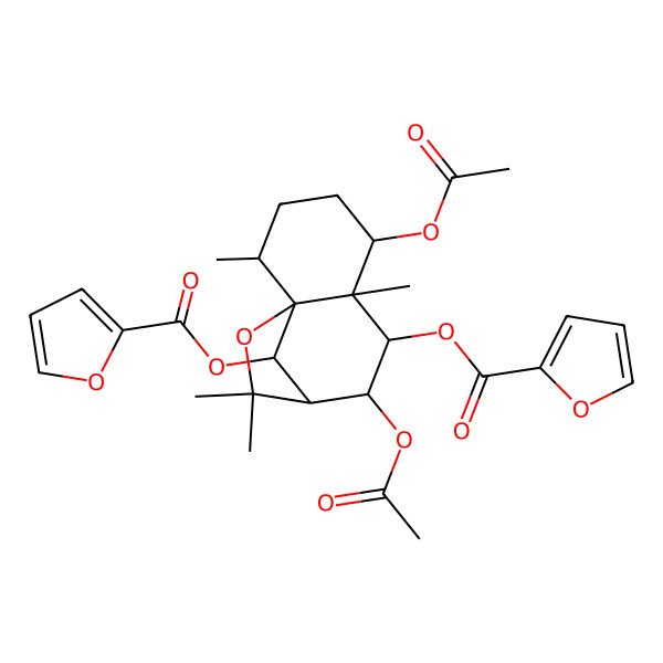 2D Structure of [(1S,2R,5S,6S,7R,8R,9R,12R)-5,8-diacetyloxy-7-(furan-2-carbonyloxy)-2,6,10,10-tetramethyl-11-oxatricyclo[7.2.1.01,6]dodecan-12-yl] furan-2-carboxylate