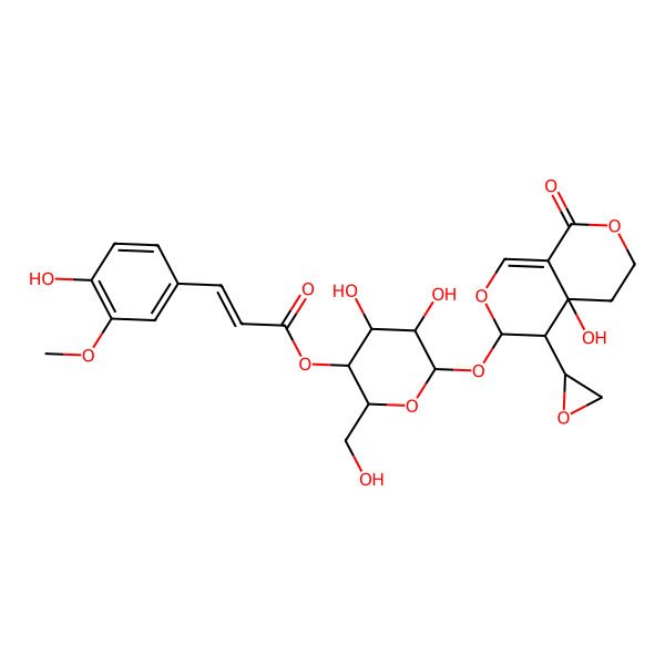 2D Structure of [(2R,3R,4S,5R,6S)-6-[[(4R,4aR)-4a-hydroxy-4-(oxiran-2-yl)-8-oxo-3,4,5,6-tetrahydropyrano[3,4-c]pyran-3-yl]oxy]-4,5-dihydroxy-2-(hydroxymethyl)oxan-3-yl] (E)-3-(4-hydroxy-3-methoxyphenyl)prop-2-enoate