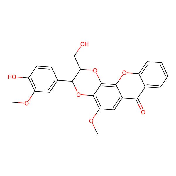 2D Structure of 7H-1,4-Dioxino[2,3-c]xanthen-7-one, 2,3-dihydro-3-(4-hydroxy-3-methoxyphenyl)-2-(hydroxymethyl)-5-methoxy-, trans-(+/-)-