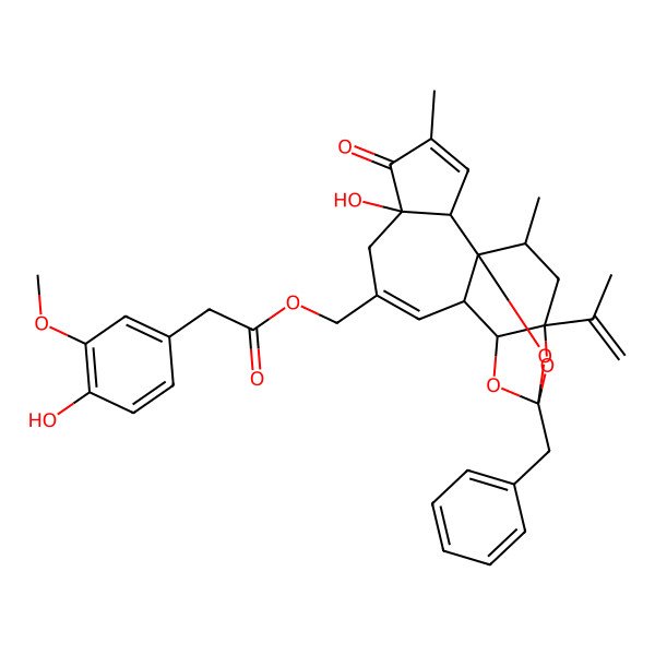 2D Structure of [(1R,2R,6R,10S,11R,15S,17R)-13-benzyl-6-hydroxy-4,17-dimethyl-5-oxo-15-prop-1-en-2-yl-12,14,18-trioxapentacyclo[11.4.1.01,10.02,6.011,15]octadeca-3,8-dien-8-yl]methyl 2-(4-hydroxy-3-methoxyphenyl)acetate