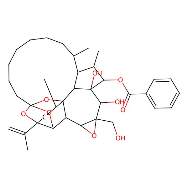 2D Structure of [(1R,2R,4R,5R,6S,7S,9R,10S,11S,12S,13S,14S,15S,25R)-10,11-dihydroxy-9-(hydroxymethyl)-4-isopropenyl-2,13,15-trimethyl-8,24,26,27-tetraoxaheptacyclo[12.10.1.14,23.15,23.01,6.07,9.011,25]heptacosan-12-yl] benzoate