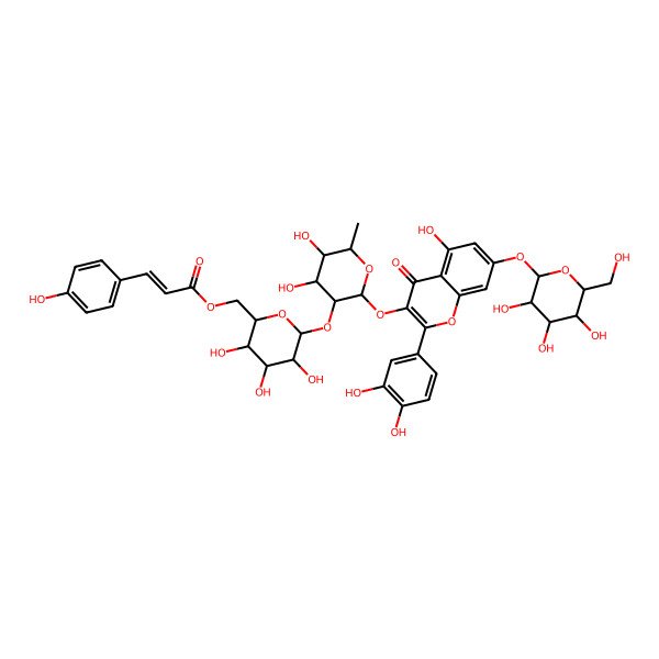 2D Structure of 3-((6-Deoxy-2-O-(6-O-((2E)-3-(4-hydroxyphenyl)-1-oxo-2-propen-1-yl)-beta-D-glucopyranosyl)-alpha-L-mannopyranosyl)oxy)-2-(3,4-dihydroxyphenyl)-7-(beta-D-glucopyranosyloxy)-5-hydroxy-4H-1-benzopyran-4-one