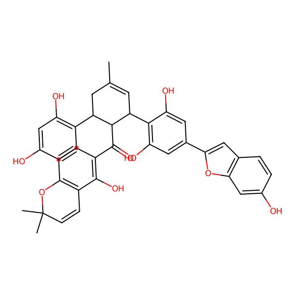 2D Structure of [2-[2,6-Dihydroxy-4-(6-hydroxy-1-benzofuran-2-yl)phenyl]-6-(2,4-dihydroxyphenyl)-4-methylcyclohex-3-en-1-yl]-(5-hydroxy-2,2-dimethylchromen-6-yl)methanone