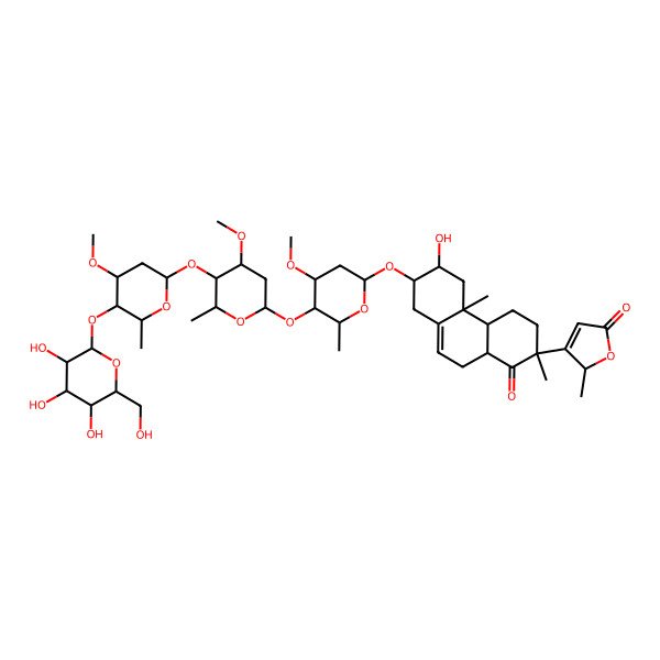 2D Structure of (2S)-3-[(2R,4aS,4bR,6R,7R,10aR)-6-hydroxy-7-[(2S,4S,5R,6R)-4-methoxy-5-[(2S,4S,5R,6S)-4-methoxy-5-[(2S,4S,5R,6R)-4-methoxy-6-methyl-5-[(2S,3R,4S,5S,6R)-3,4,5-trihydroxy-6-(hydroxymethyl)oxan-2-yl]oxyoxan-2-yl]oxy-6-methyloxan-2-yl]oxy-6-methyloxan-2-yl]oxy-2,4b-dimethyl-1-oxo-4,4a,5,6,7,8,10,10a-octahydro-3H-phenanthren-2-yl]-2-methyl-2H-furan-5-one