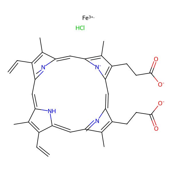 2D Structure of 3-[18-(2-carboxylatoethyl)-8,13-bis(ethenyl)-3,7,12,17-tetramethyl-23H-porphyrin-21-id-2-yl]propanoate;iron(3+);hydrochloride