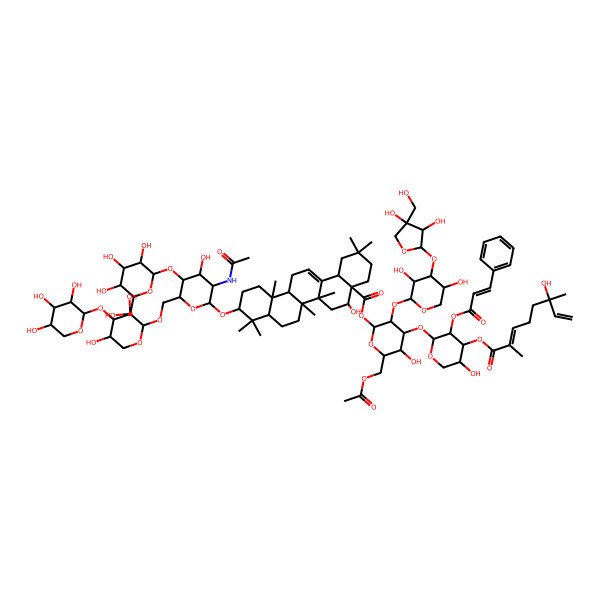 2D Structure of [(2S,3R,4S,5R,6R)-6-(acetyloxymethyl)-3-[(2S,3R,4S,5R)-4-[(2S,3R,4R)-3,4-dihydroxy-4-(hydroxymethyl)oxolan-2-yl]oxy-3,5-dihydroxyoxan-2-yl]oxy-5-hydroxy-4-[(2S,3R,4S,5R)-5-hydroxy-4-[(2E,6S)-6-hydroxy-2,6-dimethylocta-2,7-dienoyl]oxy-3-[(E)-3-phenylprop-2-enoyl]oxyoxan-2-yl]oxyoxan-2-yl] (4aR,5R,6aR,6aS,6bR,8aR,10S,12aR,14bS)-10-[(2R,3R,4R,5S,6R)-3-acetamido-6-[[(2S,3R,4S,5S)-3,5-dihydroxy-4-[(2S,3R,4S,5R)-3,4,5-trihydroxyoxan-2-yl]oxyoxan-2-yl]oxymethyl]-4-hydroxy-5-[(2S,3R,4S,5S,6R)-3,4,5-trihydroxy-6-(hydroxymethyl)oxan-2-yl]oxyoxan-2-yl]oxy-5-hydroxy-2,2,6a,6b,9,9,12a-heptamethyl-1,3,4,5,6,6a,7,8,8a,10,11,12,13,14b-tetradecahydropicene-4a-carboxylate