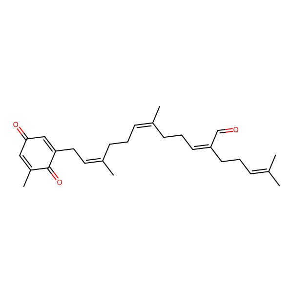 2D Structure of (2E,6E,10E)-6,10-dimethyl-12-(5-methyl-3,6-dioxocyclohexa-1,4-dien-1-yl)-2-(4-methylpent-3-enyl)dodeca-2,6,10-trienal