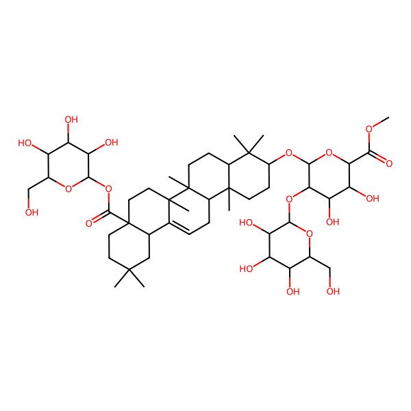 2D Structure of methyl (2S,3S,4S,5R,6R)-6-[[(3S,4aR,6aR,6bS,8aS,12aS,14aR,14bR)-4,4,6a,6b,11,11,14b-heptamethyl-8a-[(2S,3R,4S,5S,6R)-3,4,5-trihydroxy-6-(hydroxymethyl)oxan-2-yl]oxycarbonyl-1,2,3,4a,5,6,7,8,9,10,12,12a,14,14a-tetradecahydropicen-3-yl]oxy]-3,4-dihydroxy-5-[(2S,3R,4S,5R,6R)-3,4,5-trihydroxy-6-(hydroxymethyl)oxan-2-yl]oxyoxane-2-carboxylate