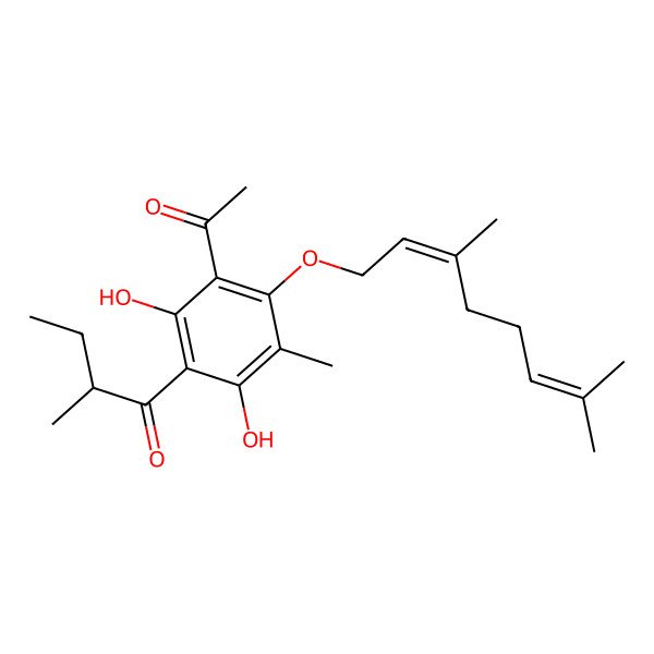2D Structure of 1-[3-acetyl-4-[(2E)-3,7-dimethylocta-2,6-dienoxy]-2,6-dihydroxy-5-methylphenyl]-2-methylbutan-1-one