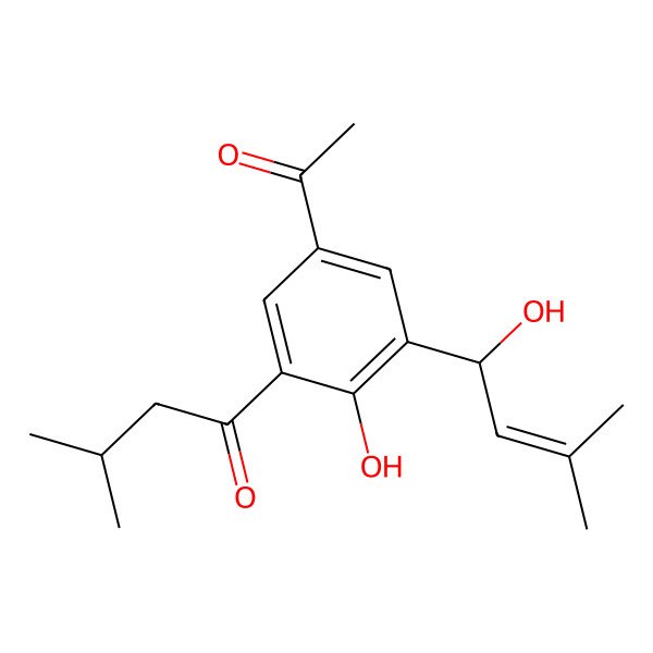 2D Structure of 1-[5-Acetyl-2-hydroxy-3-(1-hydroxy-3-methylbut-2-enyl)phenyl]-3-methylbutan-1-one