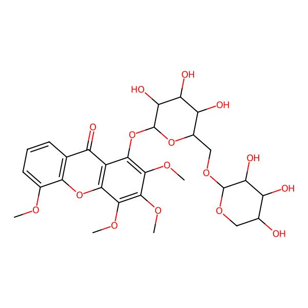 2D Structure of 2,3,4,5-tetramethoxy-1-[(2S,3R,4S,5S,6R)-3,4,5-trihydroxy-6-[[(2S,3R,4S,5R)-3,4,5-trihydroxyoxan-2-yl]oxymethyl]oxan-2-yl]oxyxanthen-9-one