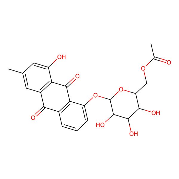 2D Structure of [(2R,3S,4S,5R,6S)-3,4,5-trihydroxy-6-(8-hydroxy-6-methyl-9,10-dioxoanthracen-1-yl)oxyoxan-2-yl]methyl acetate