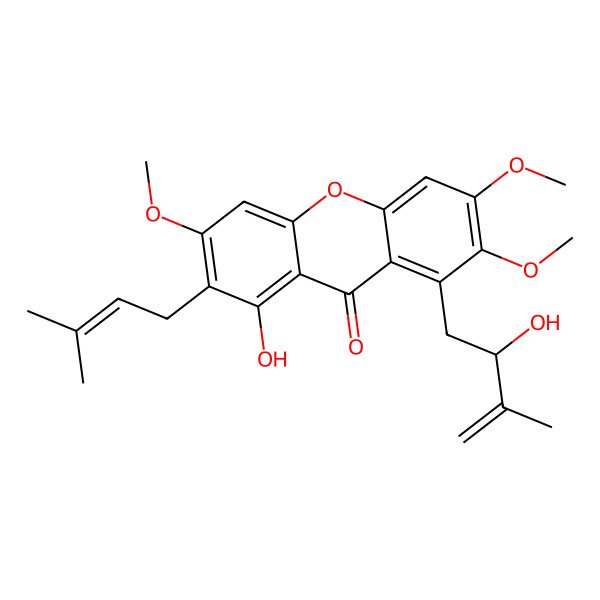 2D Structure of 1-Hydroxy-3,6,7-trimethoxy-2-(3-methyl-2-butenyl)-8-(2-hydroxy-3-methyl-3-butenyl)-xanthone