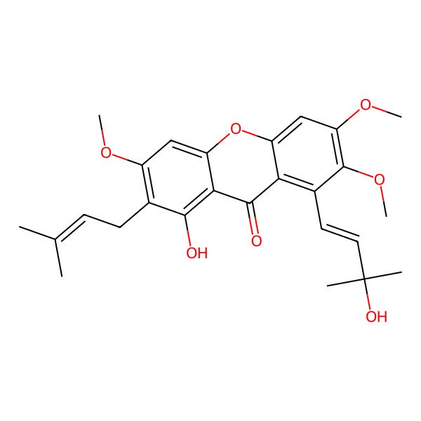 2D Structure of 1-Hydroxy-3,6,7-trimethoxy-2-(3-methyl-2-butenyl)-8-(3-hydroxy-3-methyl-1E-butenyl)-xanthone