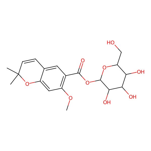 2D Structure of [(2S,3R,4S,5S,6R)-3,4,5-trihydroxy-6-(hydroxymethyl)oxan-2-yl] 7-methoxy-2,2-dimethylchromene-6-carboxylate