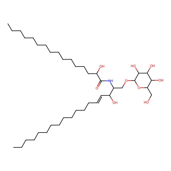 2D Structure of 1-O-beta-D-Glucopyranosyl-N-[(2R)-2-hydroxypalmitoyl]sphingosine