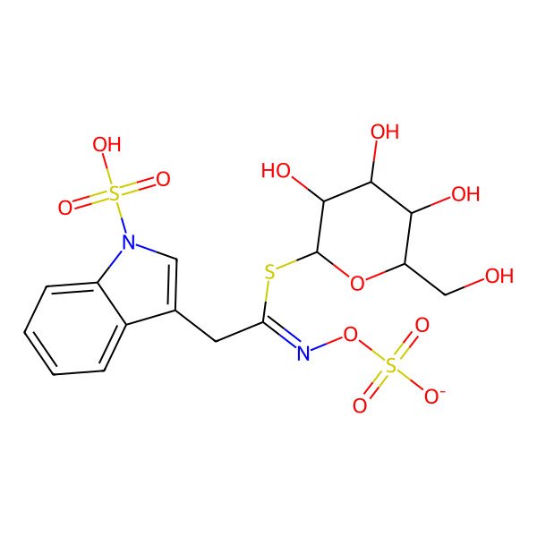 2D Structure of 1-S-[2-(1-sulfo-1H-indol-3-yl)-N-(sulfonatooxy)ethanimidoyl]-1-thio-beta-D-glucopyranose