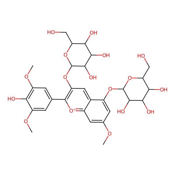 2D Structure of (2S,4S,5S)-2-[2-(4-hydroxy-3,5-dimethoxyphenyl)-7-methoxy-3-[(2S,5S)-3,4,5-trihydroxy-6-(hydroxymethyl)oxan-2-yl]oxychromenylium-5-yl]oxy-6-(hydroxymethyl)oxane-3,4,5-triol