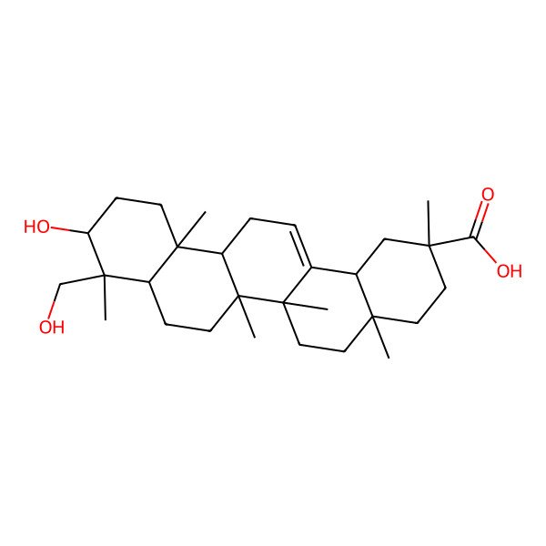 2D Structure of (2R,4aS,6aR,6aS,6bR,8aR,9S,10S,12aR,14bR)-10-hydroxy-9-(hydroxymethyl)-2,4a,6a,6b,9,12a-hexamethyl-1,3,4,5,6,6a,7,8,8a,10,11,12,13,14b-tetradecahydropicene-2-carboxylic acid