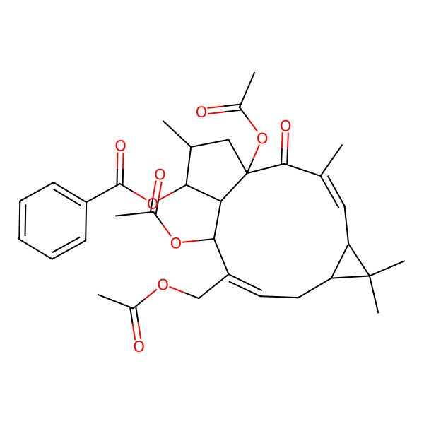 2D Structure of [(1R,3E,5R,7S,9E,11R,12R,13S,14S)-1,11-diacetyloxy-10-(acetyloxymethyl)-3,6,6,14-tetramethyl-2-oxo-13-tricyclo[10.3.0.05,7]pentadeca-3,9-dienyl] benzoate