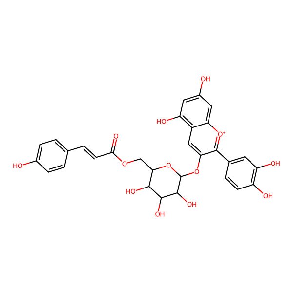 2D Structure of 2-(3,4-dihydroxyphenyl)-5,7-dihydroxy-1-benzopyran-1-ium-3-yl 6-O-[(2Z)-3-(4-hydroxyphenyl)prop-2-enoyl]-beta-D-glucopyranoside