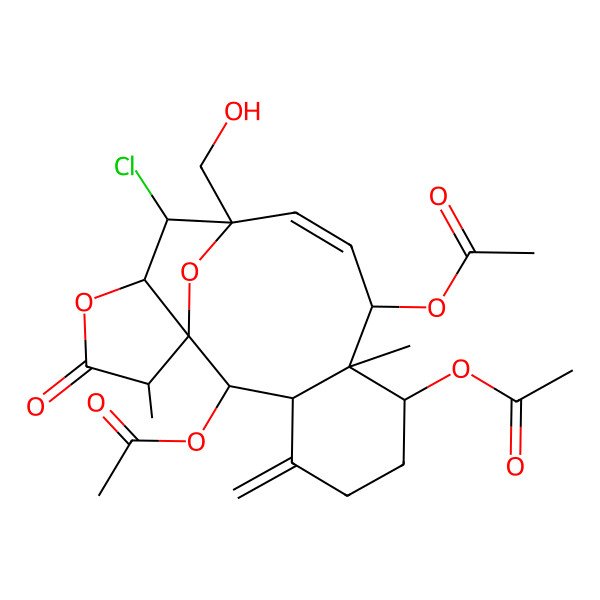 2D Structure of [(1R,2S,3S,7S,8R,9S,10Z,12R,13R,14R,17R)-2,9-diacetyloxy-13-chloro-12-(hydroxymethyl)-8,17-dimethyl-4-methylidene-16-oxo-15,18-dioxatetracyclo[10.5.1.01,14.03,8]octadec-10-en-7-yl] acetate