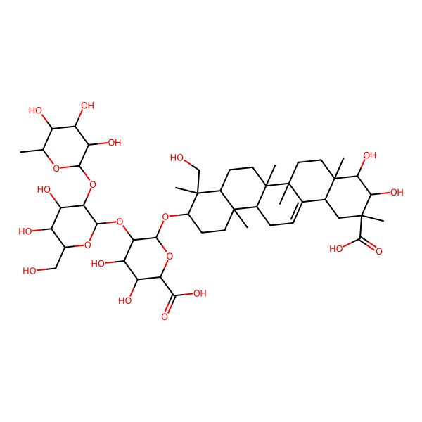 2D Structure of (2S,3S,4S,5R,6R)-6-[[(3S,4S,4aR,6aR,6bS,8aR,9S,10R,11S,12aS,14aR,14bR)-11-carboxy-9,10-dihydroxy-4-(hydroxymethyl)-4,6a,6b,8a,11,14b-hexamethyl-1,2,3,4a,5,6,7,8,9,10,12,12a,14,14a-tetradecahydropicen-3-yl]oxy]-5-[(2S,3R,4S,5R,6R)-4,5-dihydroxy-6-(hydroxymethyl)-3-[(2S,3R,4R,5R,6S)-3,4,5-trihydroxy-6-methyloxan-2-yl]oxyoxan-2-yl]oxy-3,4-dihydroxyoxane-2-carboxylic acid
