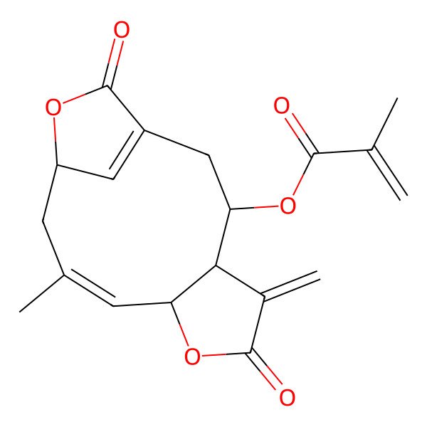 2D Structure of Germacra-1(10),4,11(13)-triene-12,14-dioic acid, 2-beta,6-alpha,8-alpha-trihydroxy-, 12,6:14,2-dilactone, methacrylate, (E)- 2D Structure of Germacra-1(10),4,11(13)-triene-12,14-dioic acid, 2-beta,6-alpha,8-alpha-trihydroxy-, 12,6:14,2-dilactone, methacrylate, (E)-