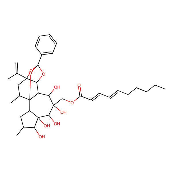 2D Structure of [(1R,2R,4S,5S,6R,7S,8R,9S,10S,11R,15R,17R)-5,6,7,8,9-pentahydroxy-4,17-dimethyl-13-phenyl-15-prop-1-en-2-yl-12,14,18-trioxapentacyclo[11.4.1.01,10.02,6.011,15]octadecan-8-yl]methyl (2E,4E)-deca-2,4-dienoate