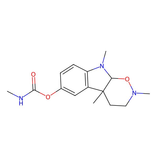2D Structure of 1,2-Oxazino[6,5-b]indol-6-ol, 2,3,4,4a,9,9a-hexahydro-2,4a,9-trimethyl-, methylcarbamate, (4aS-cis)-