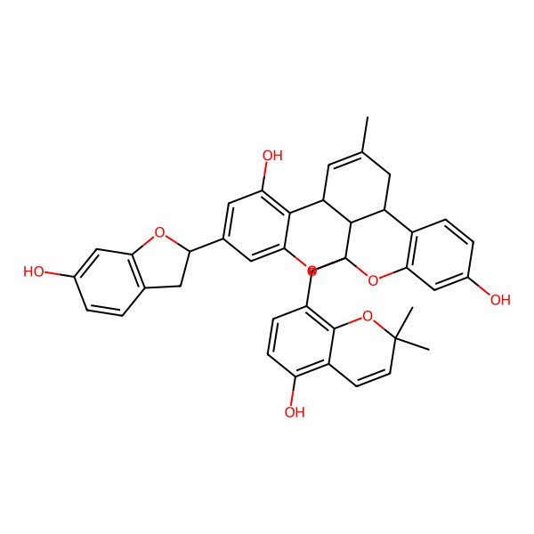 2D Structure of 17-(6-Hydroxy-2,3-dihydro-1-benzofuran-2-yl)-1-[(5-hydroxy-2,2-dimethylchromen-8-yl)methyl]-11-methyl-2,20-dioxapentacyclo[11.7.1.03,8.09,21.014,19]henicosa-3(8),4,6,11,14,16,18-heptaene-5,15-diol